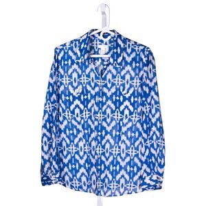 Chico's Women's Shirt Button Up Blue White Geometric Pockets Blouse Top 0 S/4